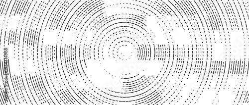 Abstract radial pixelated halftone pattern. Circular pixel explosion background. Rotating scattered dot dashed texture overlay bg. Vector radial spinning backdrop. Fading round fragment wallpaper