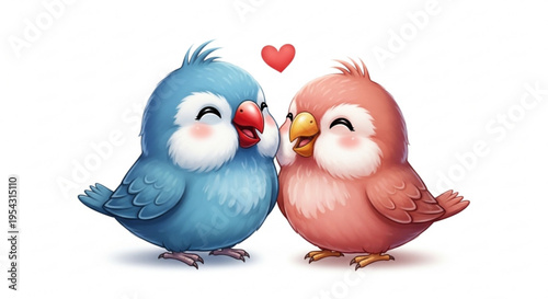 Two colorful cartoon birds kissing with heart above on white background love and affection concept