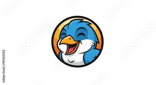 Smiling cartoon blue bird head with orange beak in circular frame