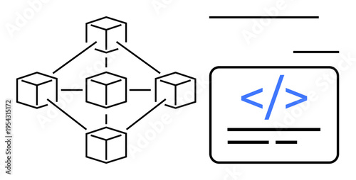 Blockchain, coding, technology, software development, decentralized systems, digital networks. Diagram of blockchain nodes and a coding symbol. Blockchain and coding concept