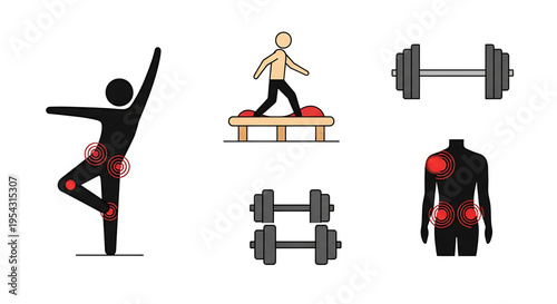 A vector graphic illustration of people exercising with pain highlighted in their bodies