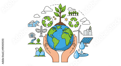 Hands cradling earth with growing plant surrounded by environmental conservation