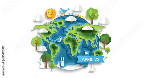 Vibrant earth globe illustration with lush green trees fluffy clouds and a sun