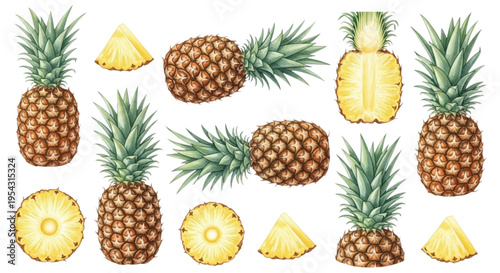 Watercolor Pineapple Seamless Pattern with Whole Fruit and Slices Tropical Summer Food Illustration