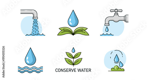 Water conservation icons dripping tap water drop on open book plant growth