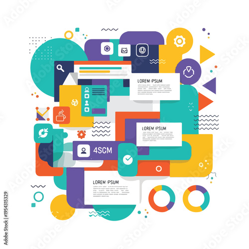 Abstract, colorful design with geometric shapes, icons, and text boxes