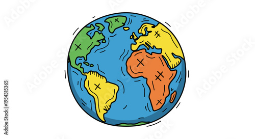 Colorful hand drawn globe illustration showing continents with x marks on a white