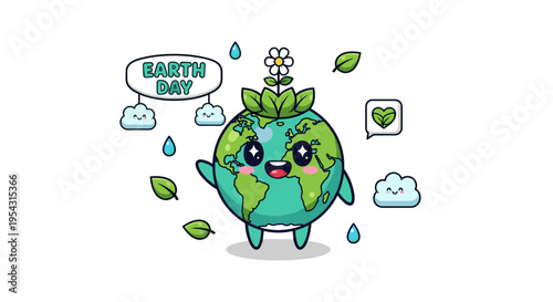 Cute cartoon earth character celebrating earth day with growing plant and raindrops