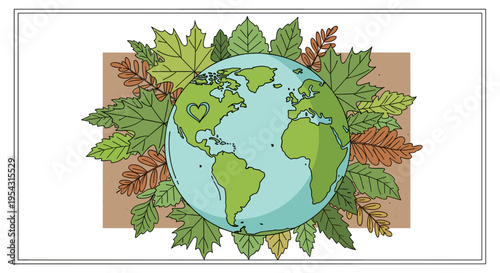 Stylized earth globe surrounded by lush green and autumnal leaves