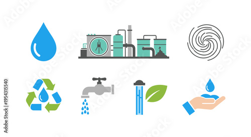 Water conservation and resource management icons droplet factory recycling tap