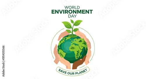 Hands holding earth with plant growing world environment day concept illustration