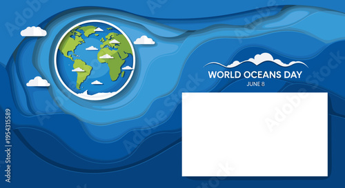 World oceans day concept with earth globe and wavy blue water layers clouds