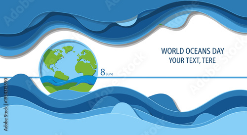 World oceans day graphic with earth globe and wavy blue abstract background