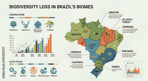 A vector graphic illustration showing biodiversity loss in Brazil's biomes with a map and charts