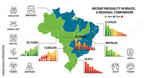 A vector graphic illustrating income inequality in Brazil through a regional comparison of bar charts and a map