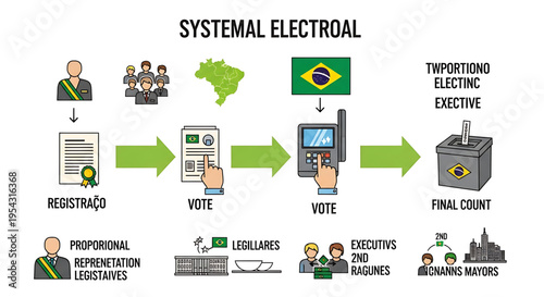 A vector graphic illustrating the Brazilian electoral system process, from registration to final vote count.