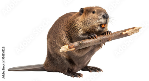 A beaver sitting on its haunches holding a gnawed tree branch in its paws against a black background