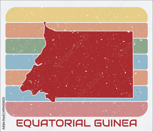 Equatorial Guinea vintage logo. Shape of the country on retro colored stripes background. Equatorial Guinea map design with grunge scratch texture. Vector illustration.