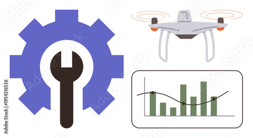 Engineering, quadcopter technology, analytics, innovation, maintenance, and tools. A wrench inside a gear, a quadcopter Quadcopter and a data chart. Engineering and drone technology concept
