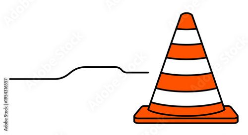 Bright orange traffic cone beside a curved line road illustration.