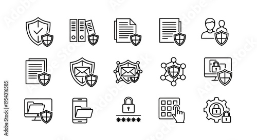 Collection of line art icons illustrating education, science, teamwork, and technology concepts in a cohesive set.