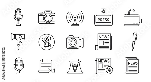 News and Mass Media Line Icons Set - TV, Radio, and Newspaper Symbols
