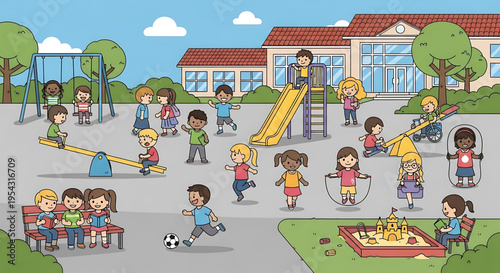 A colorful illustration of children playing in a school playground with various equipment and buildings in the background.