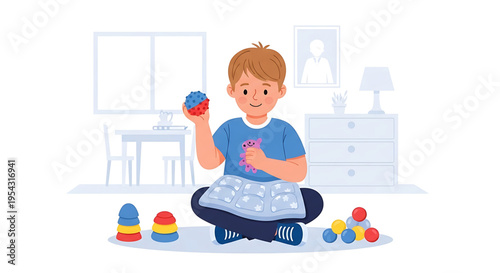 A happy young boy playing with colorful toys in a modern living room with a minimalist interior design