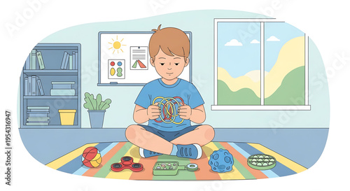 A young boy sitting cross-legged on a colorful rug in a playroom, engaged in a fun learning activity with educational toys and puzzles.