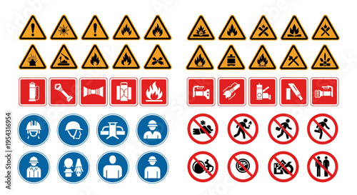 Collection of warning signs and safety symbols including cautions, prohibitions and mandatory instructions in various shapes.
