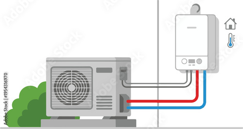 Illustration of a split air conditioning system, outdoor unit connected to indoor boiler, HVAC concept, vector style, simple flat design.