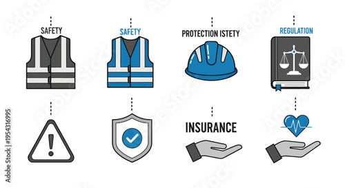 Collection of Safety Vest, Helmet, Shield, and Insurance Icon Set for Workplace Safety Graphics.
