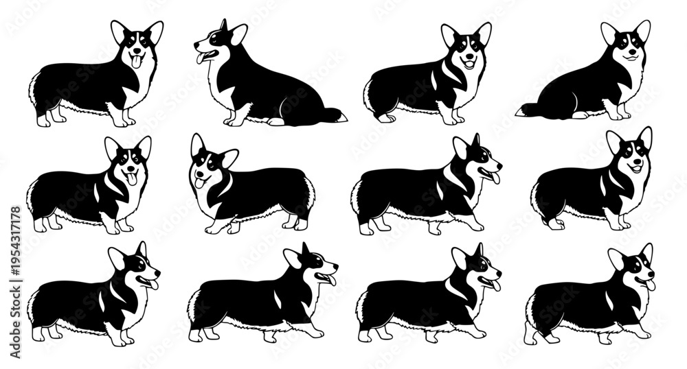 Fototapeta premium Corgi Dog Silhouette Set Black Puppy Vector Illustration
