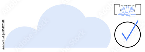 Cloud computing, data verification, online security, digital backup, reliability, data flow management. Blue cloud shape, checkmark abstract waterfall symbol. Cloud computing and data verification