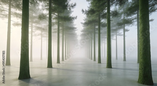 Artistic commercial rendering of linear pine forest trunks receding into distance, perspective minim