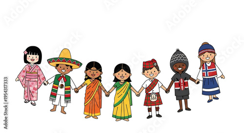 A diverse group of children from different cultures holding hands in a symbol of unity and friendship.