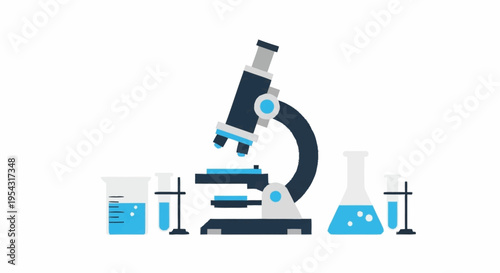 Laboratory equipment with microscope and glassware.