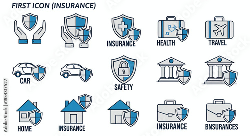 Collection of insurance and risk management icons for branding and UI design.