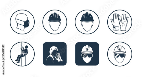 Collection of PPE safety icons featuring helmets, gloves, masks and goggles for industrial work.