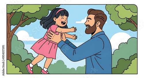 A happy father spinning his little daughter in a park on a sunny day