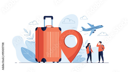 Travel and vacation concept featuring a large orange suitcase location pin airplane and two travelers planning their journey.
