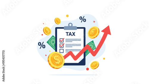 Tax forms on a clipboard with money percentage symbols and a rising arrow for financial reports and accounting services.