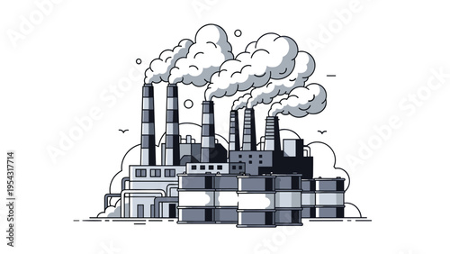 Industrial factory illustration with smoking chimneys and oil barrels representing manufacturing and energy production plants.