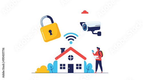 Smart home security concept with a modern house padlock surveillance camera and a person using a mobile app for monitoring.
