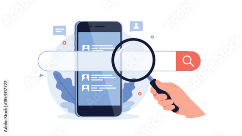 Mobile web search concept showing a magnifying glass over a search bar on a smartphone screen for online information lookup.