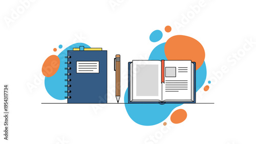 Education and studying concept featuring a blue spiral notebook a pencil and an open textbook for learning and school work.