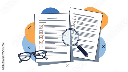 Document review and verification concept with glasses magnifying glass and checklists for audit and quality control services.