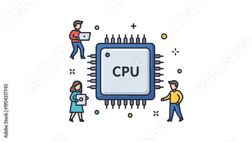 Computer technology concept with diverse people standing around a central CPU chip representing hardware engineering and team.
