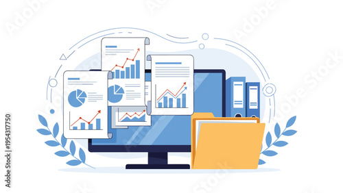 Comprehensive data analysis concept showing a computer monitor with various financial charts folders and report documents.