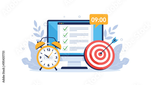 Time management and goal setting concept featuring a laptop with a checklist alarm clock and target for productivity goals.